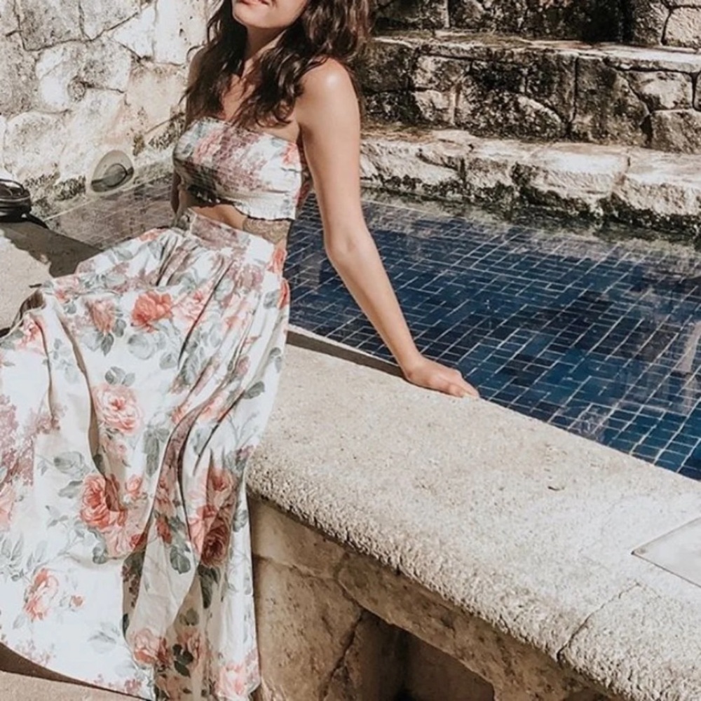 Pastel Floral Two Piece Outfit Skirt and Crop Top